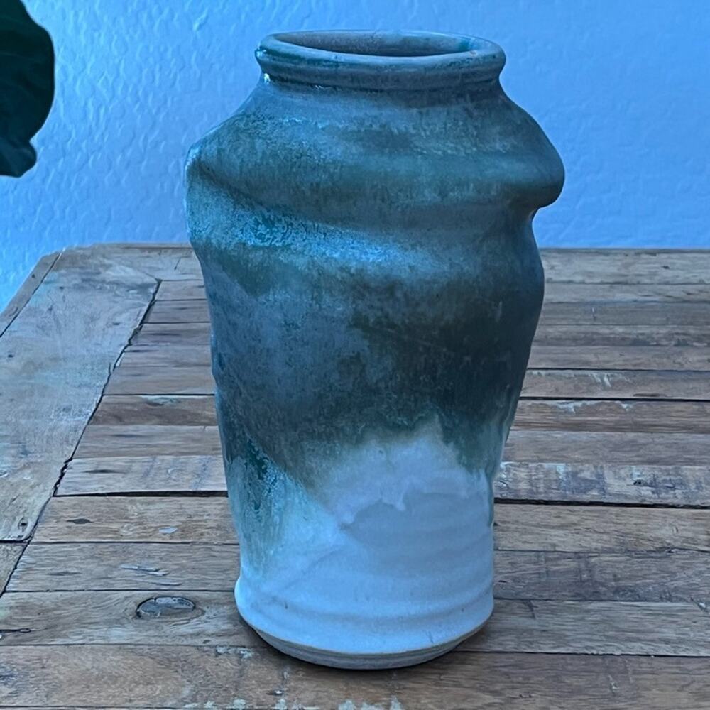 Art Studio Pottery Ceramic Vase 9.5" Green White Drip Glaze Organic Shape